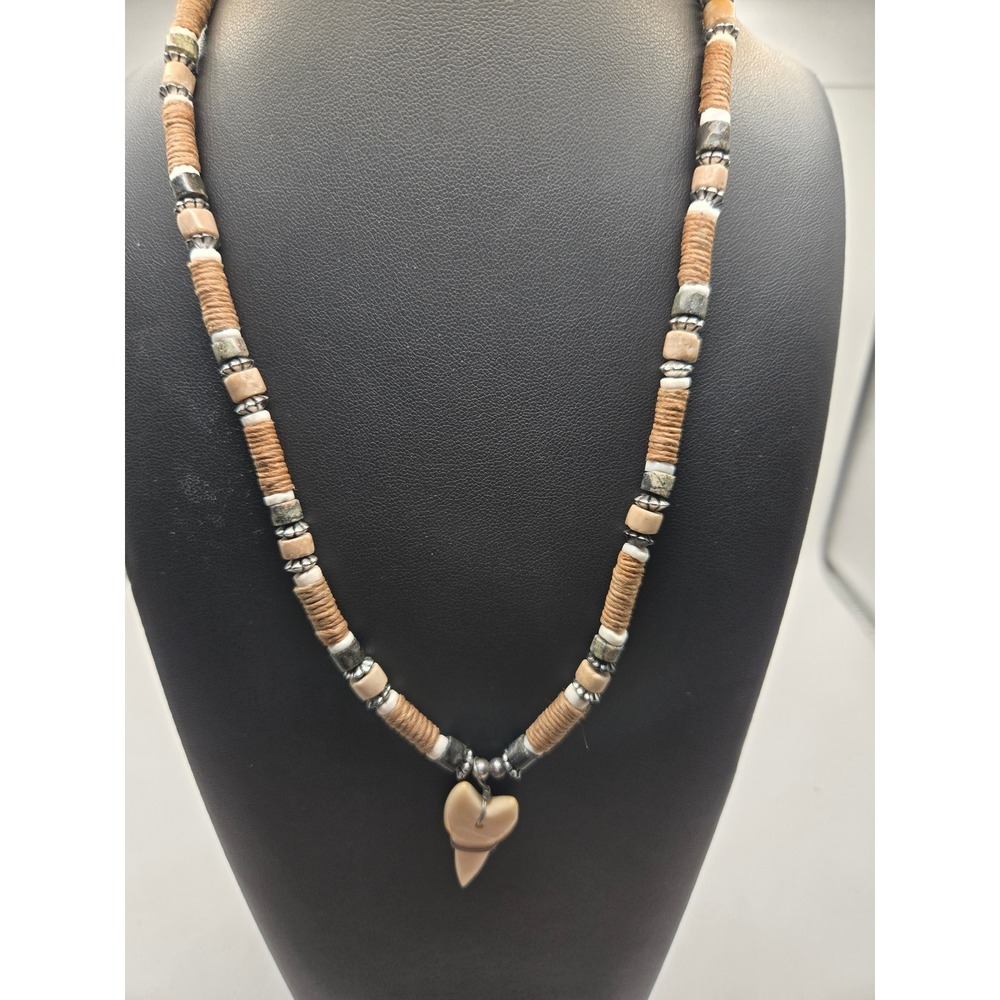 Boho Surfer Necklace Carved Faux Shark Tooth Pendant Beaded Twine Cord Brown